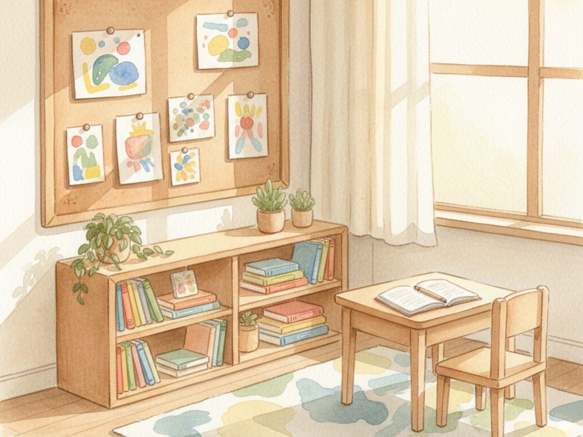 A cozy classroom corner with a bookshelf, artwork on a corkboard, and a small desk at golden hour.