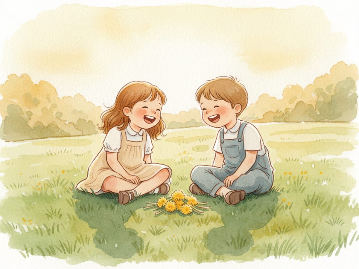Two children sitting on a sunny lawn, laughing together with dandelions nearby.