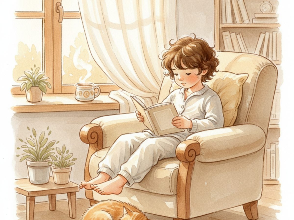 A child reading a small book in an armchair by a sunny window.