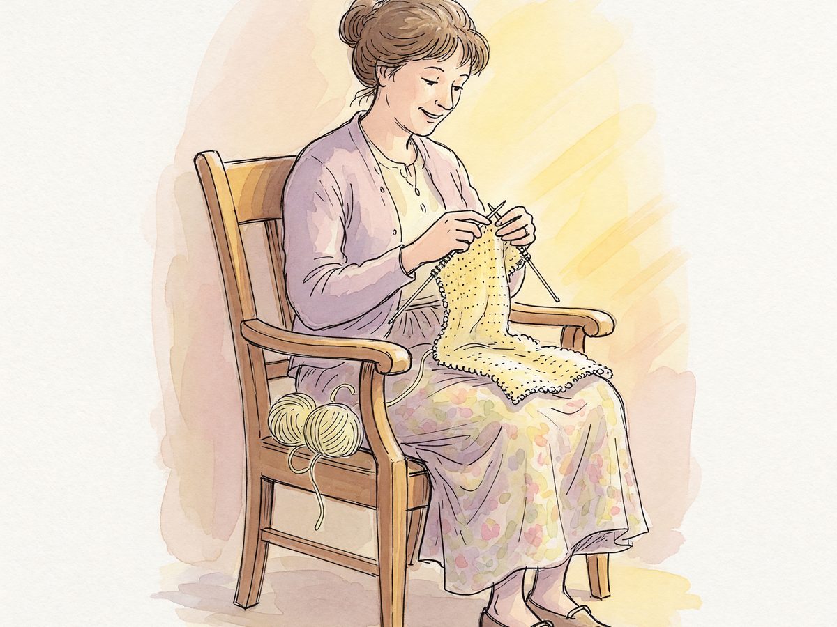 Hands knitting a small pale yellow blanket in a sunny chair.