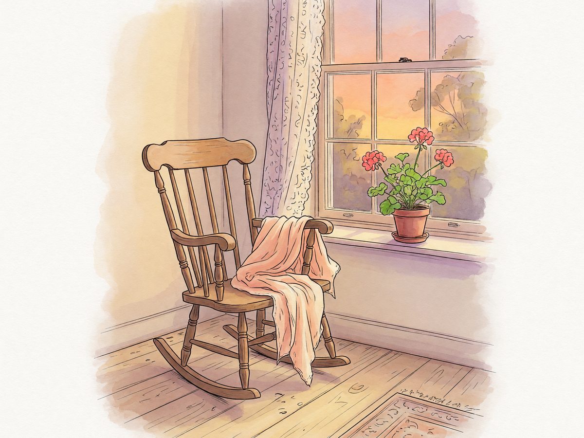 An empty rocking chair by a window in warm evening light with a folded cloth over the arm.
