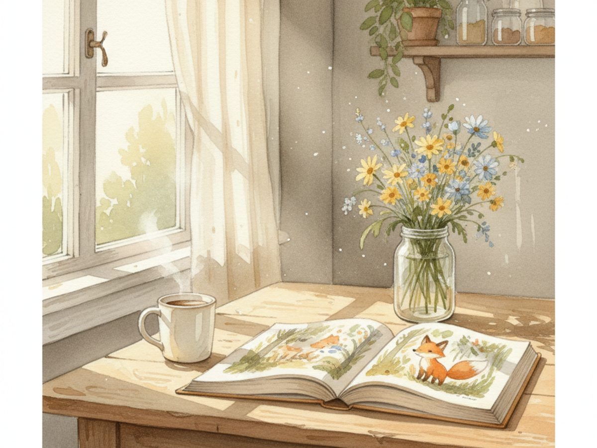 An open illustrated children's book on a wooden kitchen table beside a warm mug and a small jar of wildflowers.