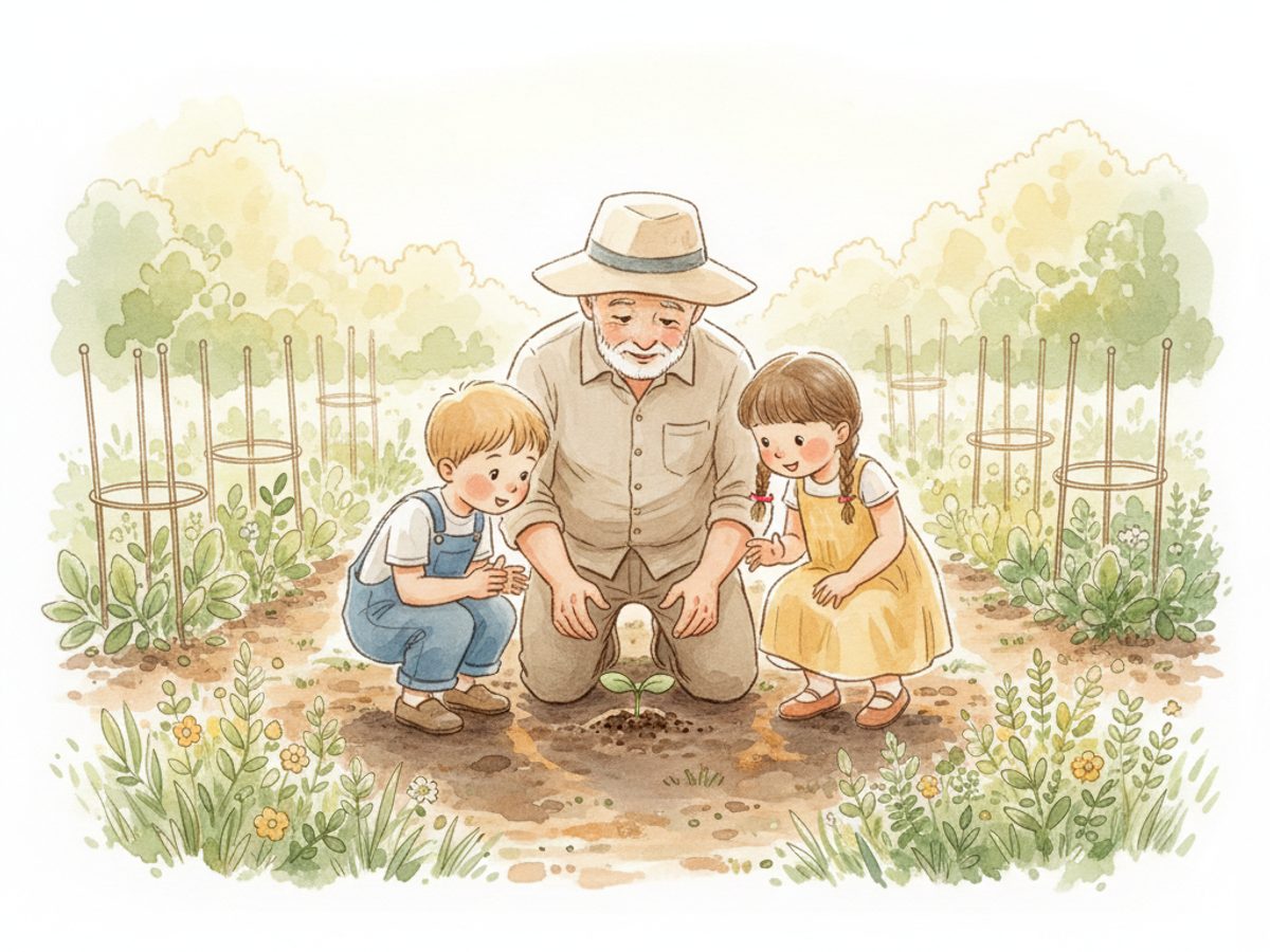 A grandfather and two young children crouch together in a sunny garden, looking at something in the dirt.