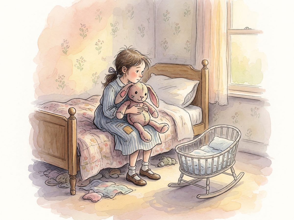 An older child on a bed holding a stuffed rabbit, looking toward an empty bassinet.