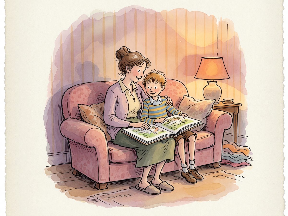 A parent and older child reading a picture book together on a sofa.