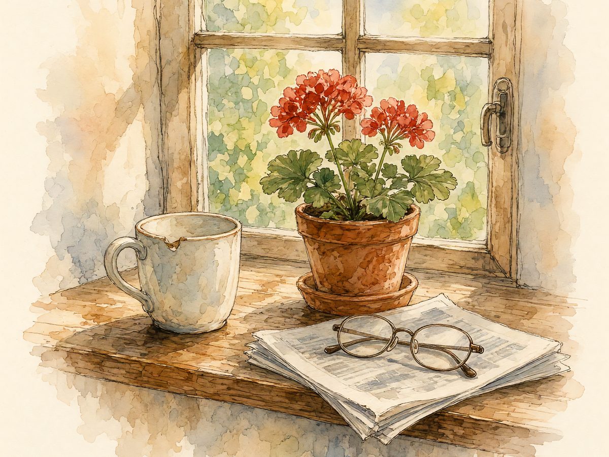 Watercolor of a windowsill with a chipped mug, a geranium, and reading glasses