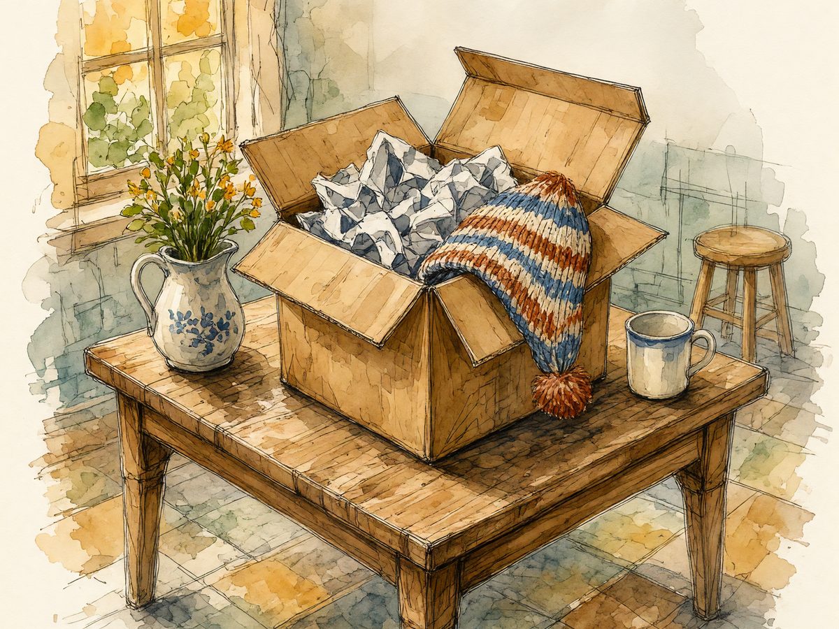 Watercolor of an opened parcel on a table with newspaper and a knitted hat inside