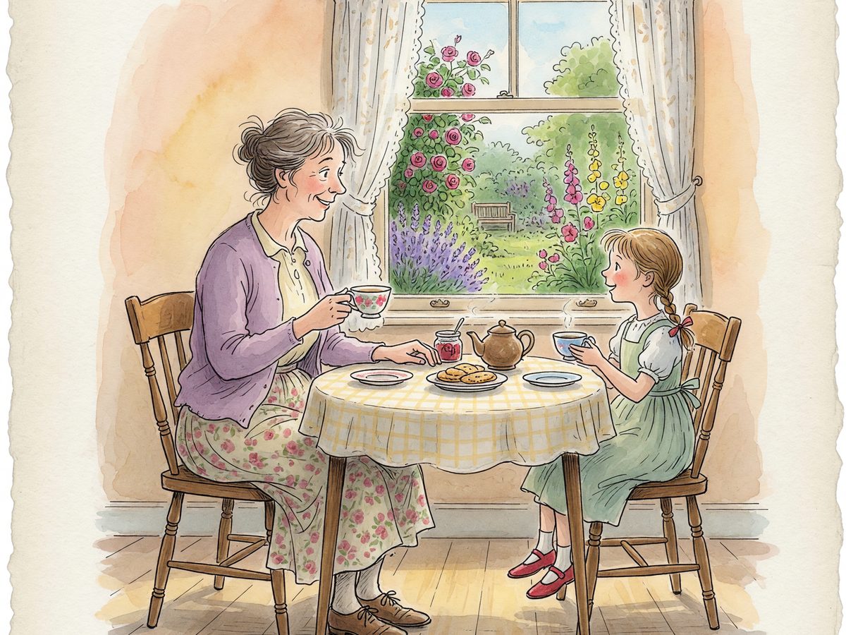 Two people talking warmly over tea at a sunlit kitchen table.