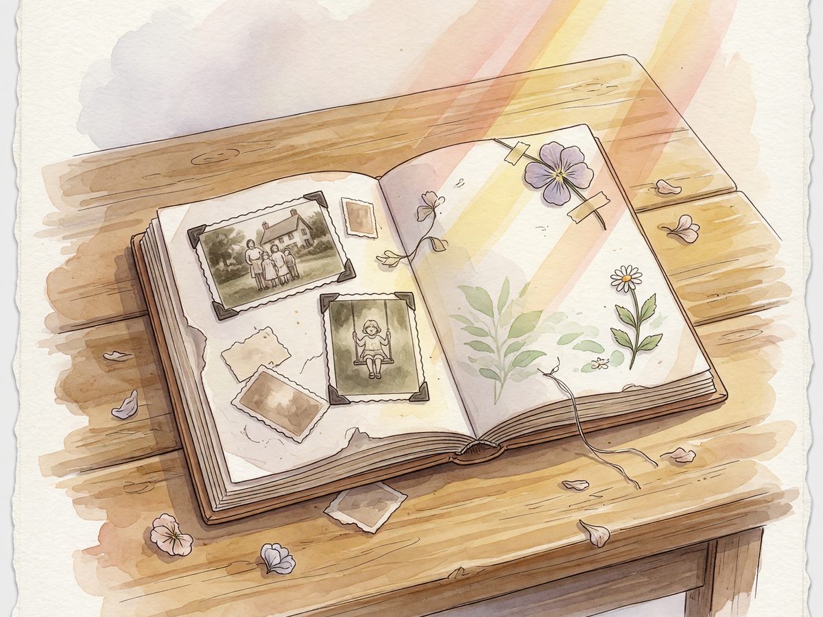 An open scrapbook with old photographs and a pressed flower on a wooden table.