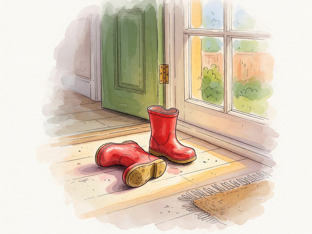 Small red boots by a back door in warm light.