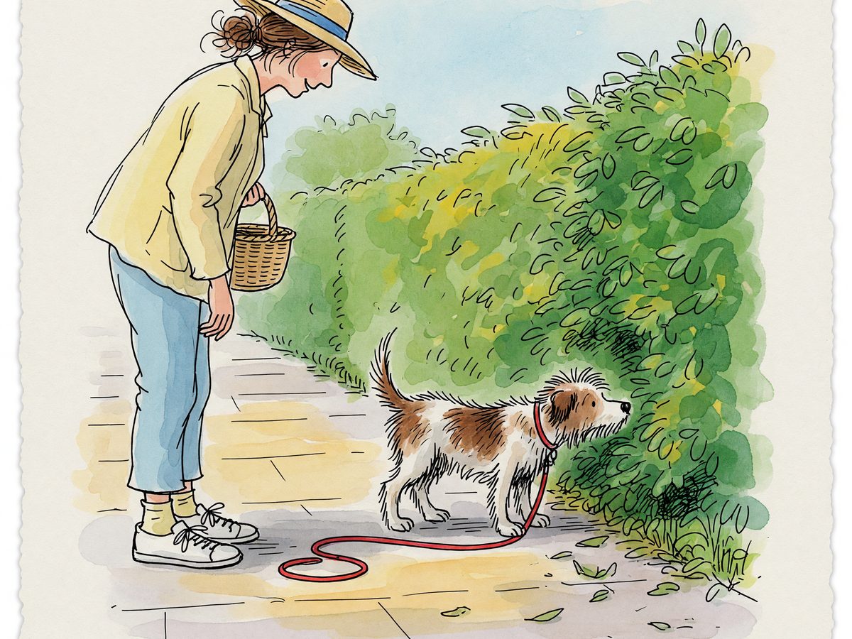 A small dog investigating a hedge on a sunny sidewalk with a person waiting.