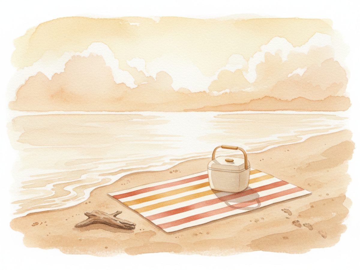 A sandy lakeshore with a striped towel, a cooler, and small footprints leading to the water.