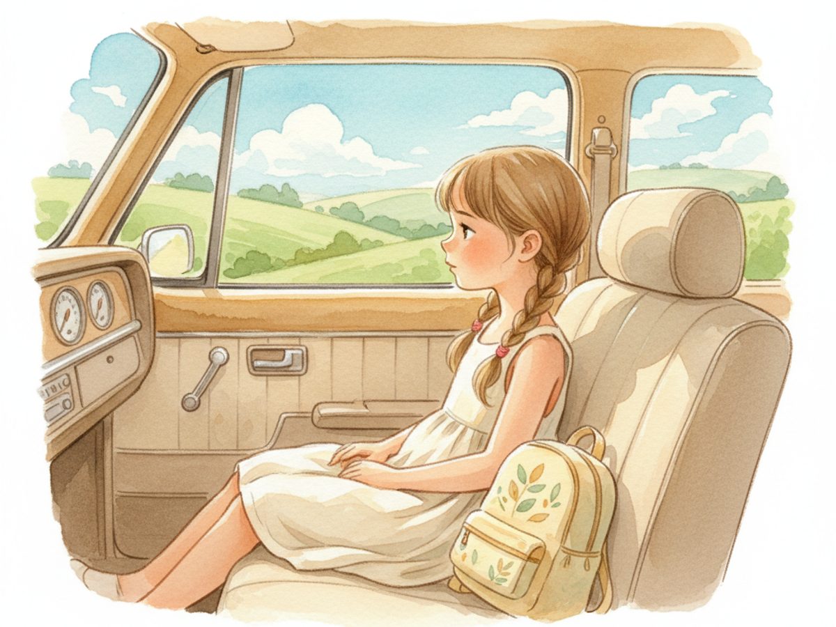 A child looking out the window of a car at rolling green hills, a small backpack beside them.