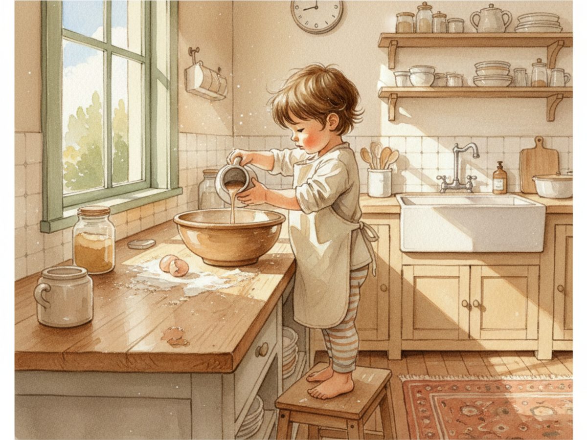 A young child on a step stool helping in the kitchen, warm afternoon light in the background.