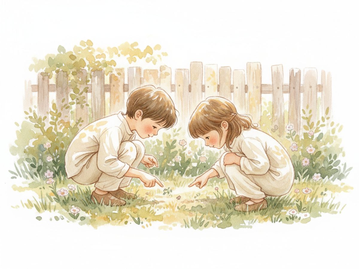 Two children crouching together in a sunny backyard, looking at something in the grass.