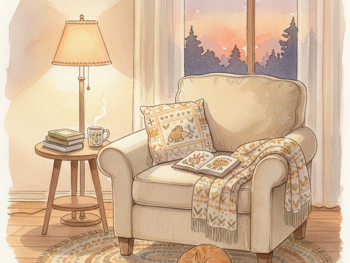 A cozy armchair with a soft blanket and a small illustrated book, lit by a warm lamp at dusk.