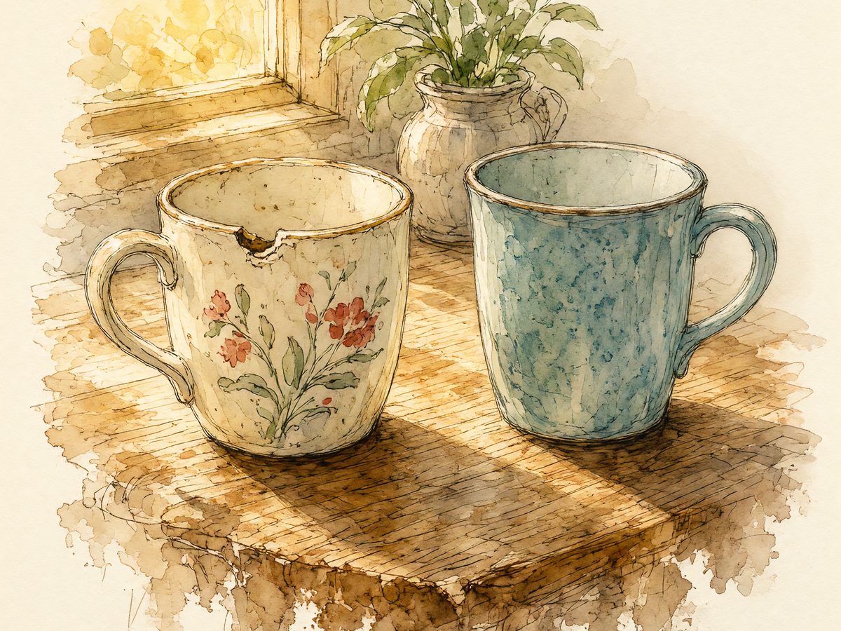Two mismatched cups on a sunlit kitchen counter