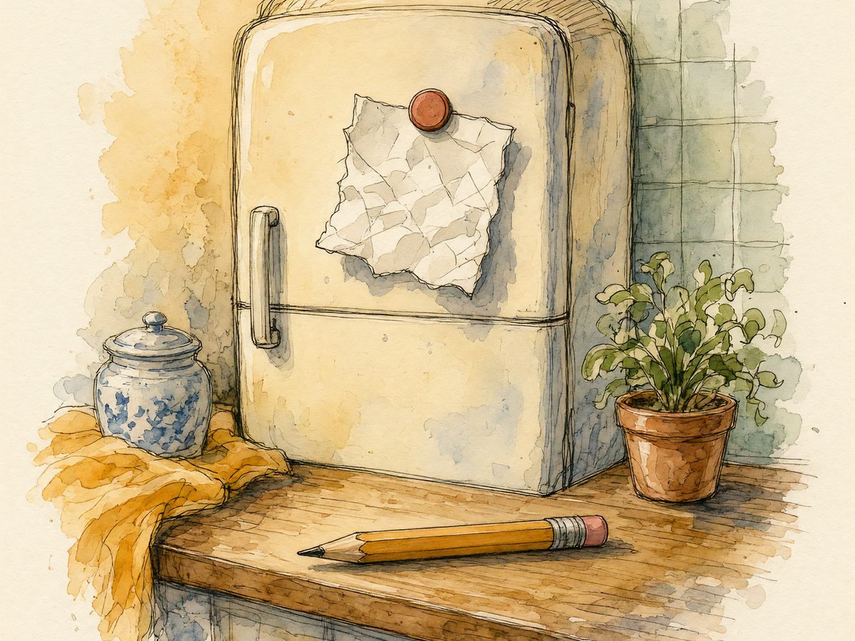 A handwritten note held to a refrigerator by a magnet