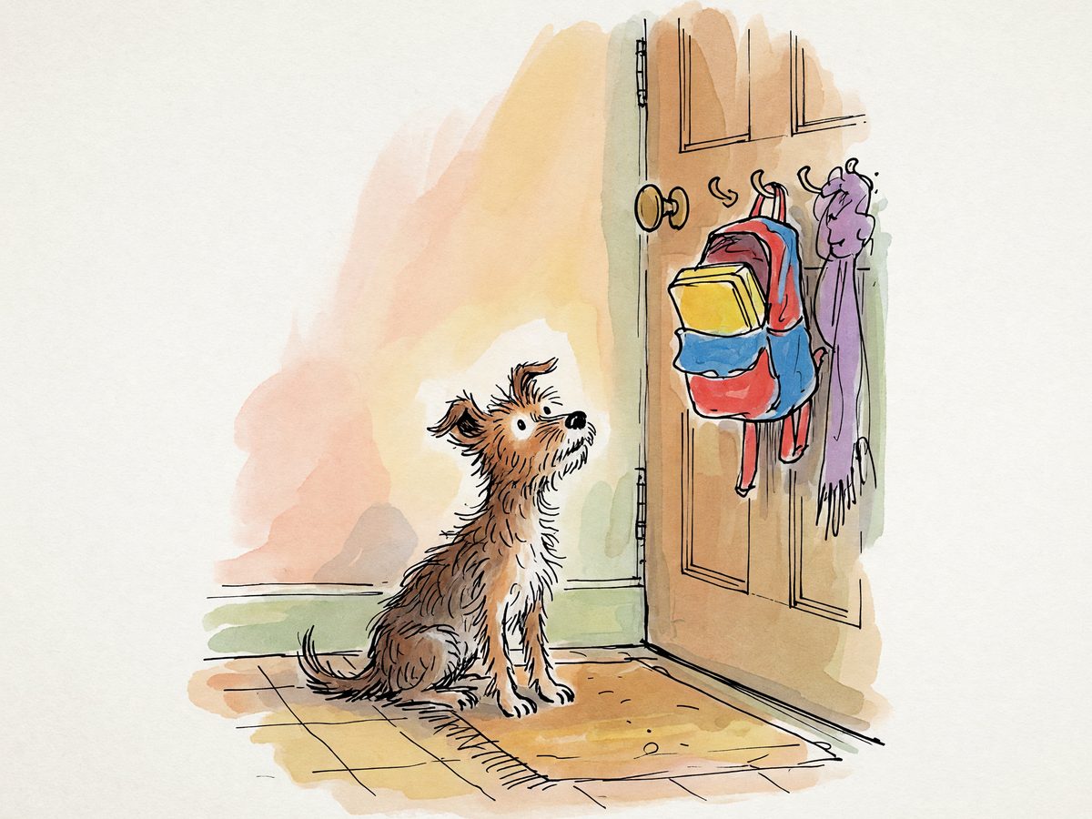 A small terrier sitting by a front door, looking up expectantly.
