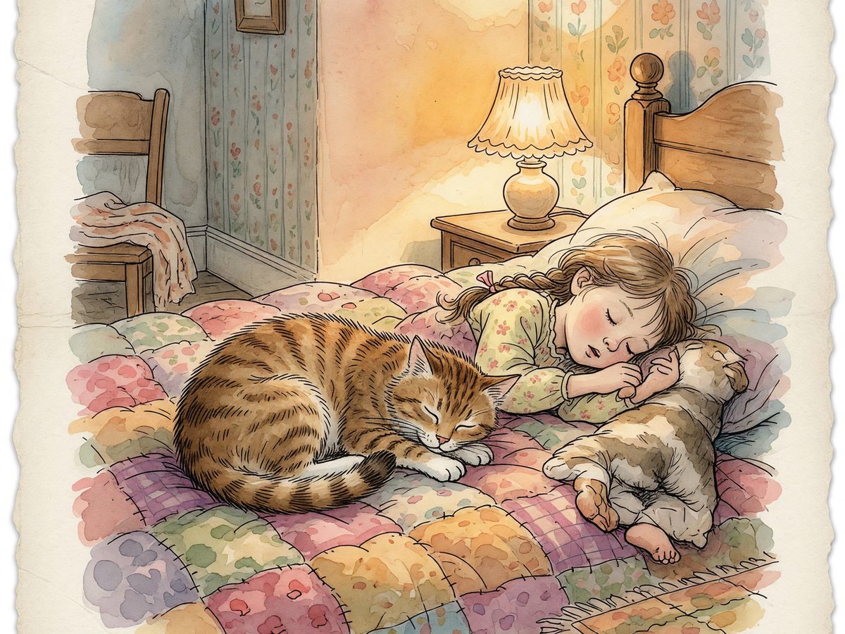 A tabby cat curled up beside a sleeping child under a patchwork quilt.