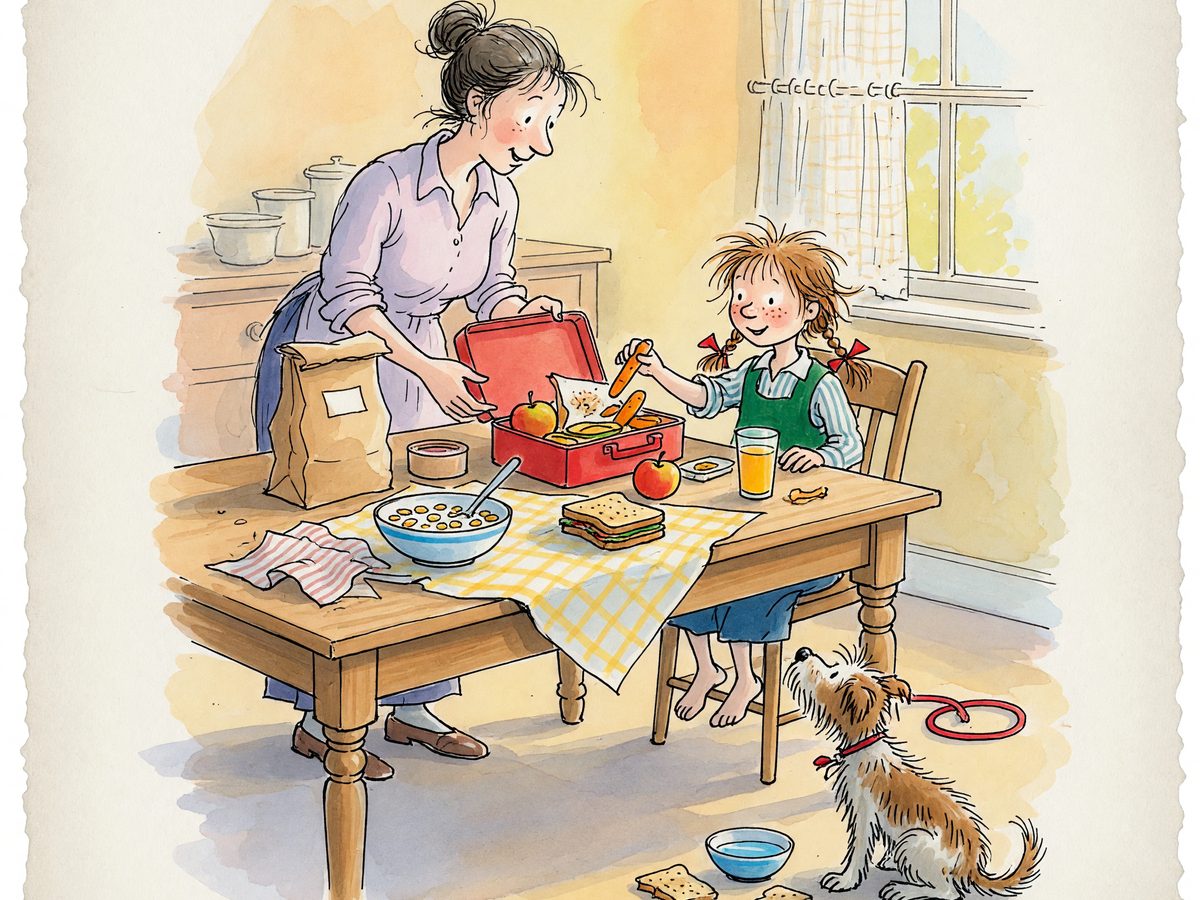 A kitchen table with breakfast and a lunchbox being packed, a dog waiting