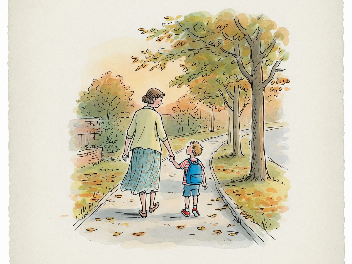 An adult and child holding hands walking to school past summer trees