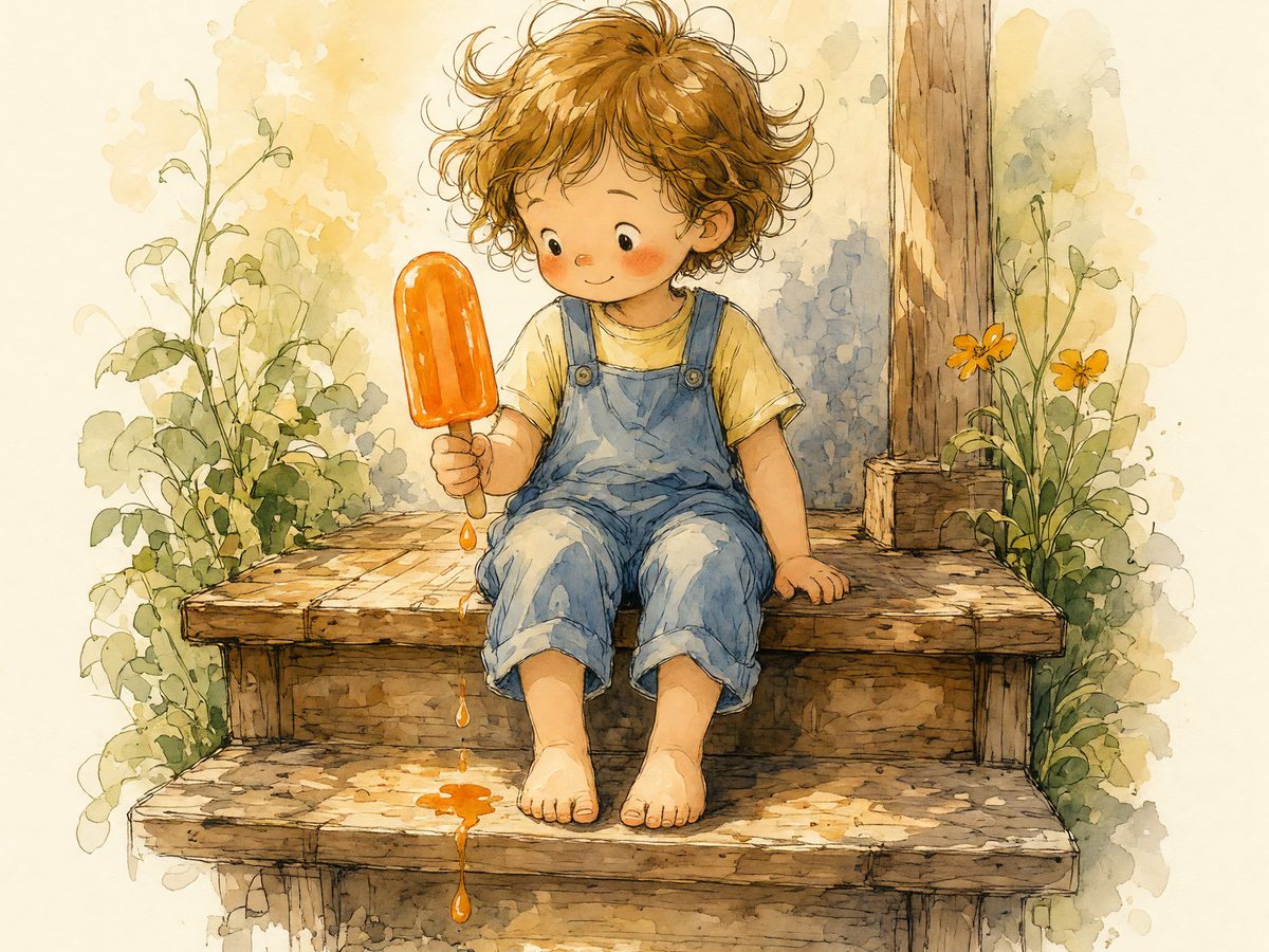 A child's hand holding a dripping popsicle over a wooden porch step