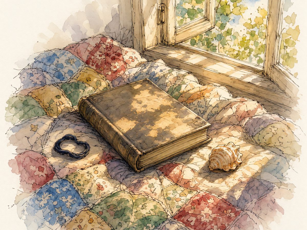 A closed hardcover book on a quilt near a sunny window with a shell beside it