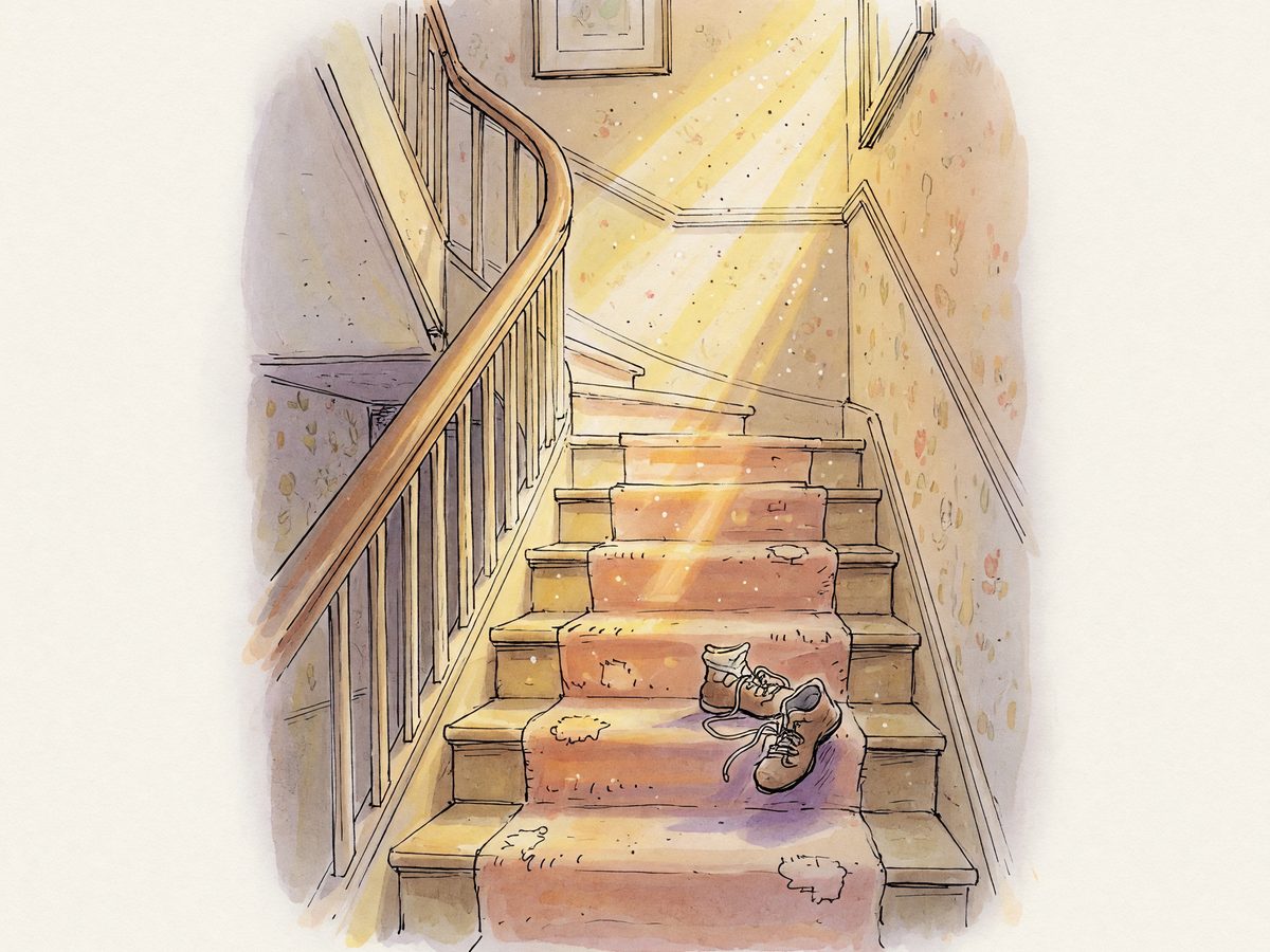 A sunlit interior staircase with a small shoe resting on one step