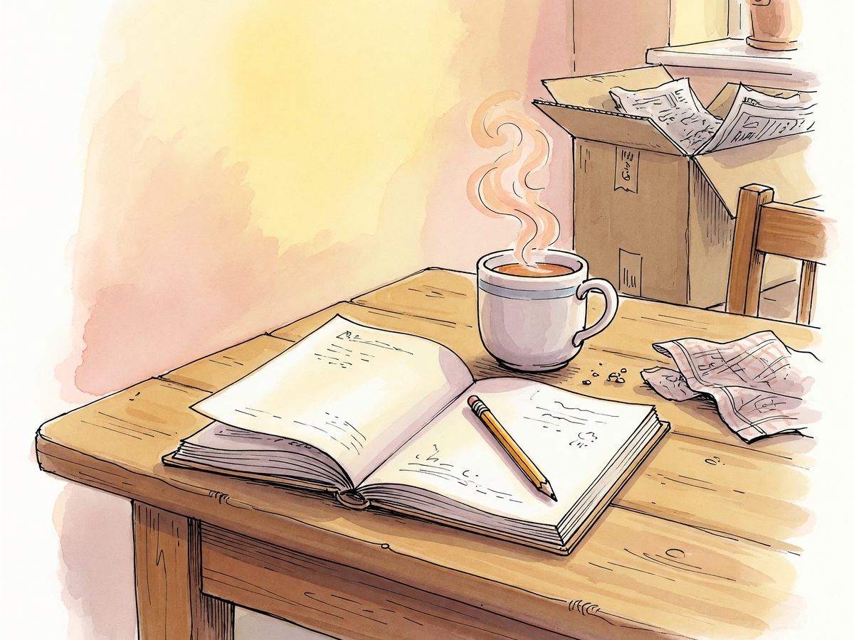An open notebook and pencil on a kitchen table with a moving box behind