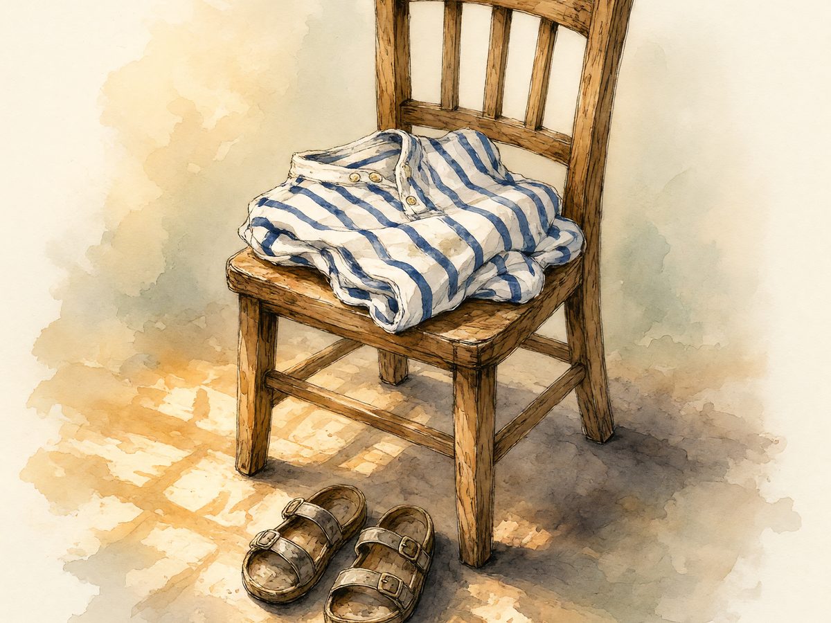 Watercolor of a striped shirt folded on a chair with sandals beneath it