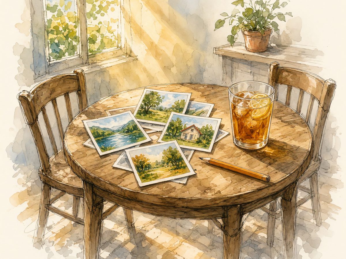 Watercolor of photographs spread on a kitchen table beside a pencil and a glass of iced tea