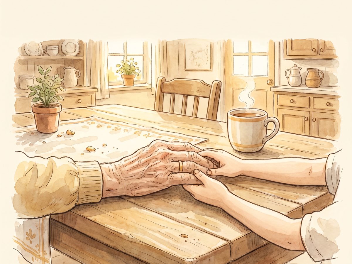 Two sets of hands at a kitchen table in warm afternoon light.