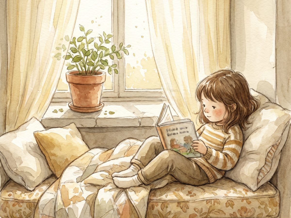An open illustrated book resting on a window seat in soft afternoon light.