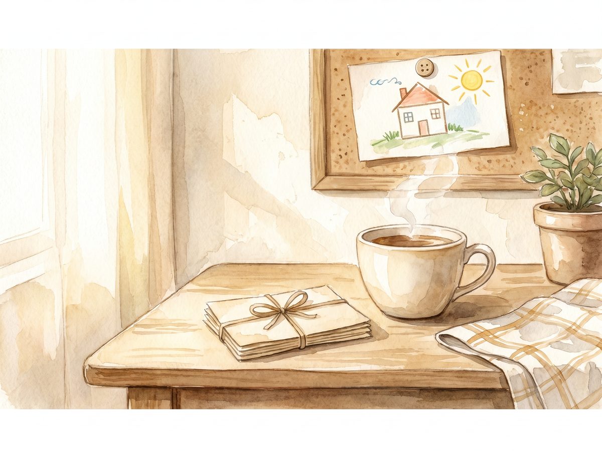 An open notebook and pen on a kitchen table with morning light and soft curtains.