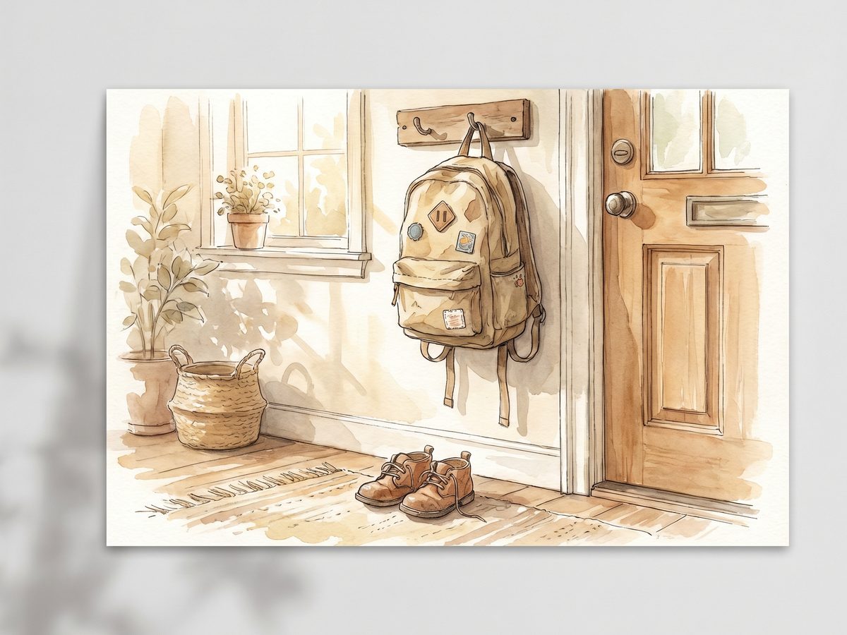 Two illustrated figures of different heights sitting together on a porch step in summer light.