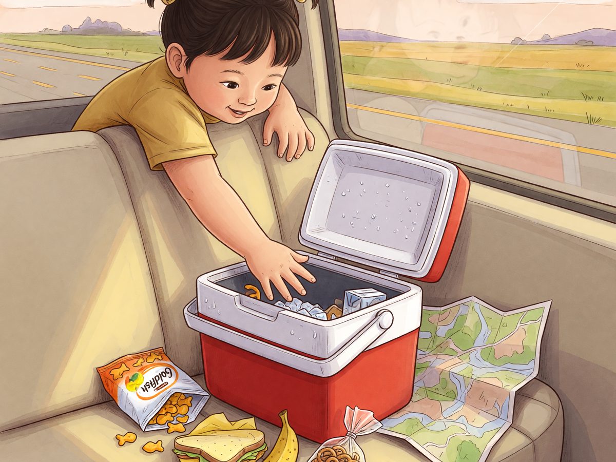A child's hand reaching into a cooler of snacks on a car seat with a highway view outside the window.