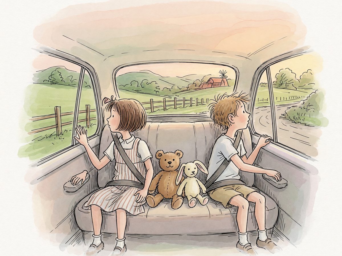 Two children looking out opposite windows of a car with stuffed animals between them.