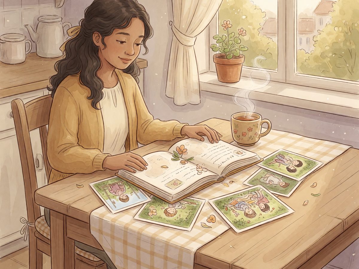 A journal and printed photos spread on a kitchen table with afternoon light.