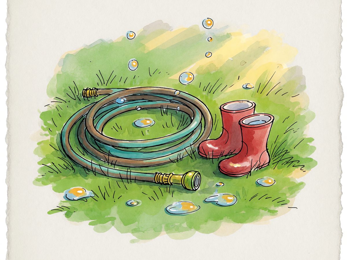 A garden hose on sunlit grass beside a small pair of rubber boots