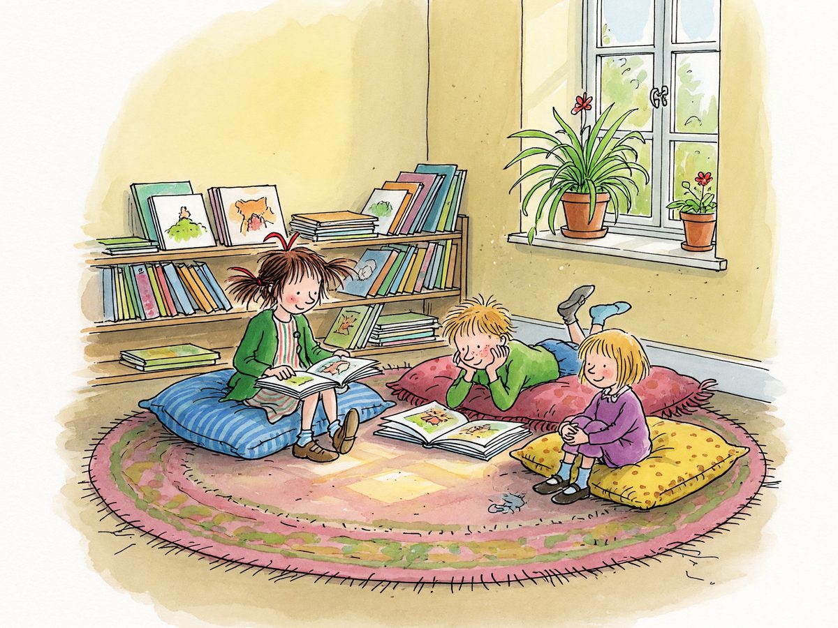 A classroom reading rug with cushions and a low bookshelf