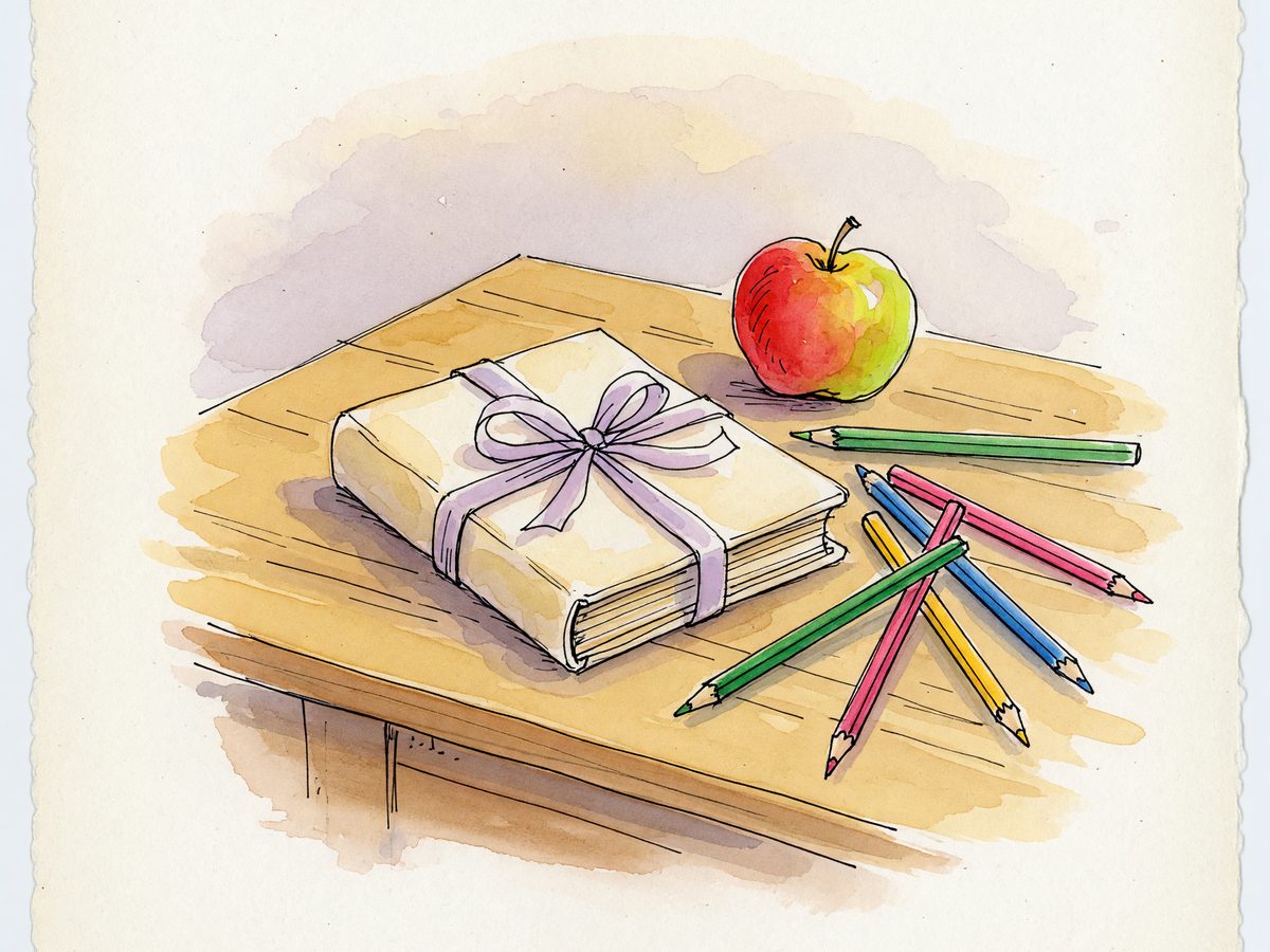 A wrapped hardcover book with a ribbon on a desk beside an apple