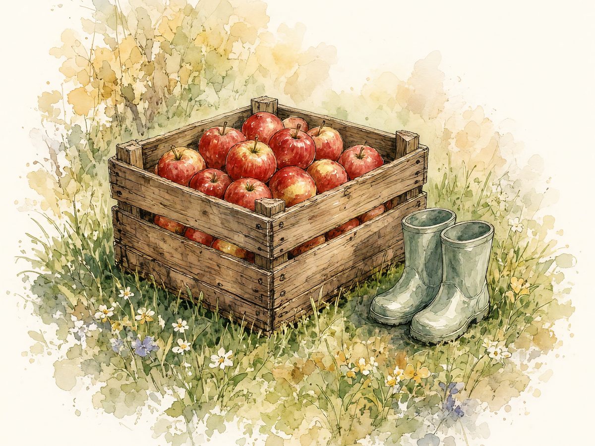 A wooden crate of apples in the grass next to a child's rubber boots