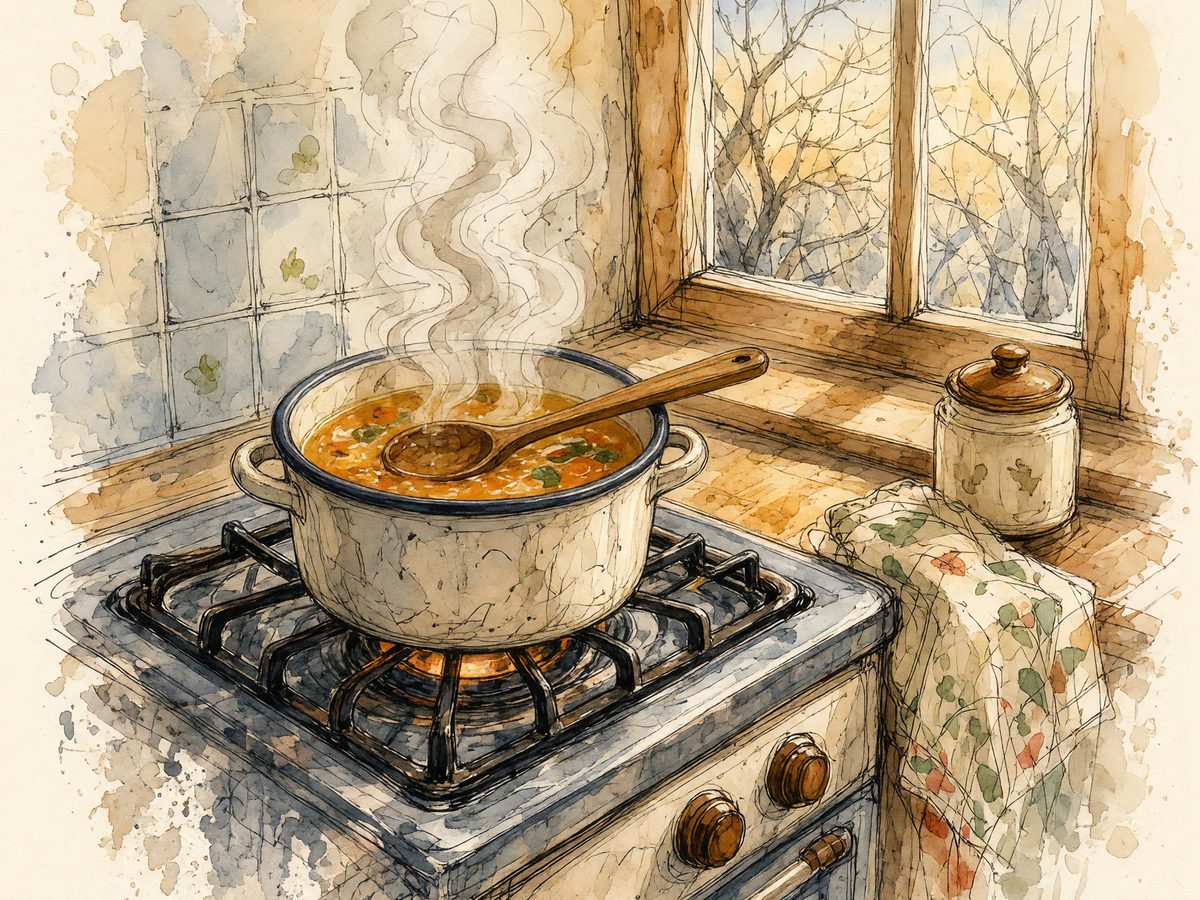 A pot of soup on a stove with steam rising and a window behind it