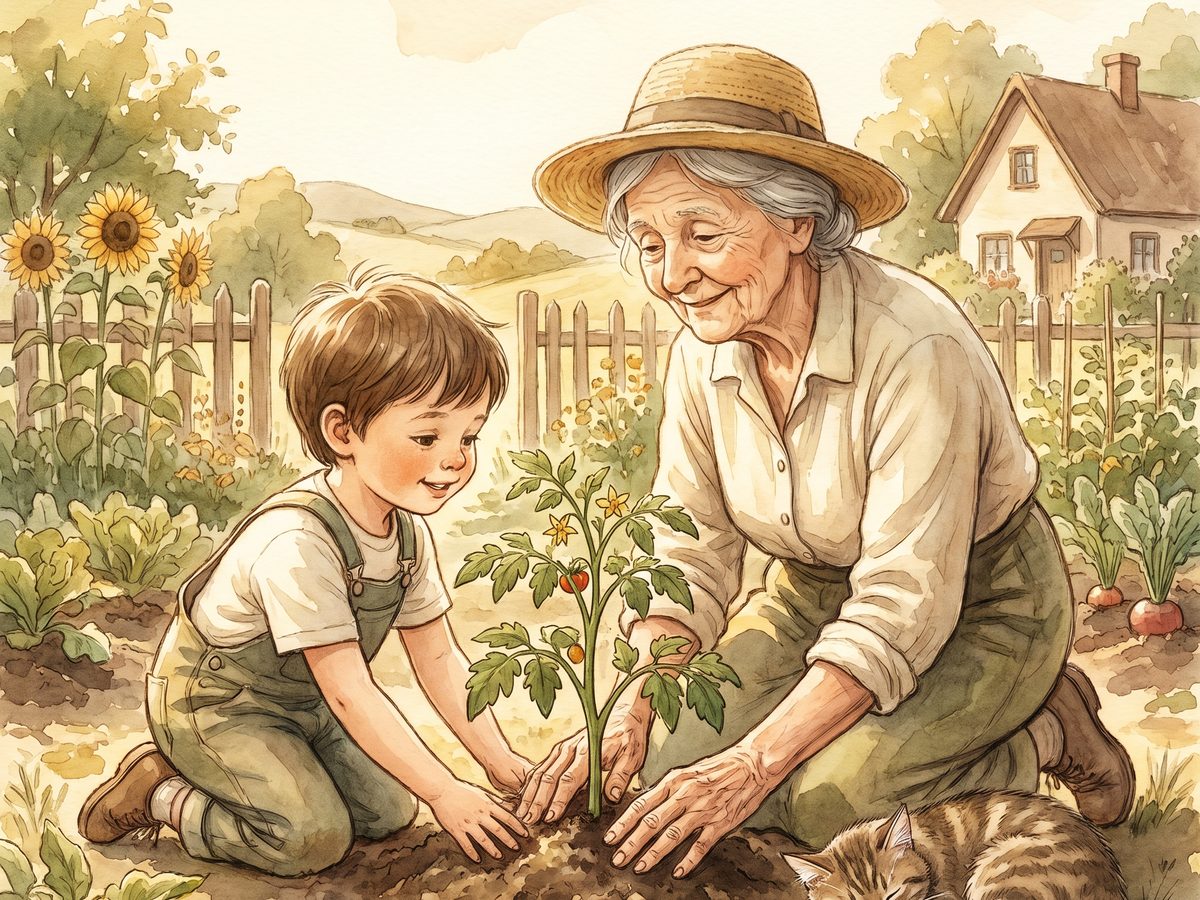 A watercolor of a child and grandmother planting tomatoes together in a sunny garden.