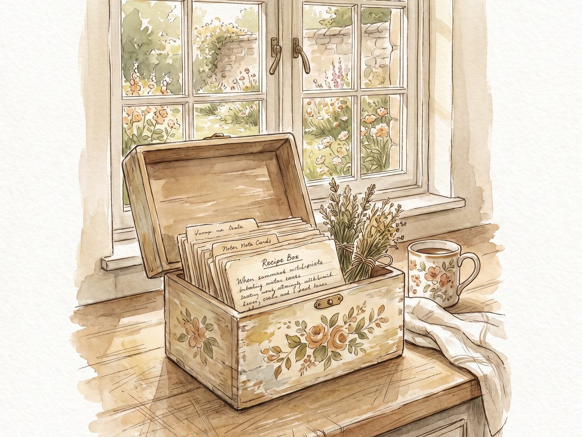 A watercolor of an old recipe box with handwritten cards on a sunny kitchen counter.