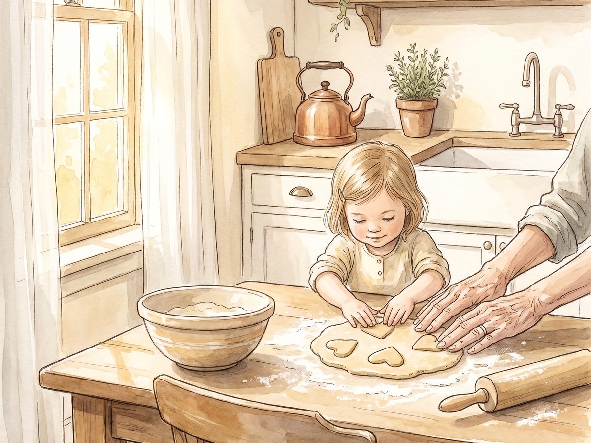 A child and grandparent pressing cookie dough together at a flour-dusted kitchen table.