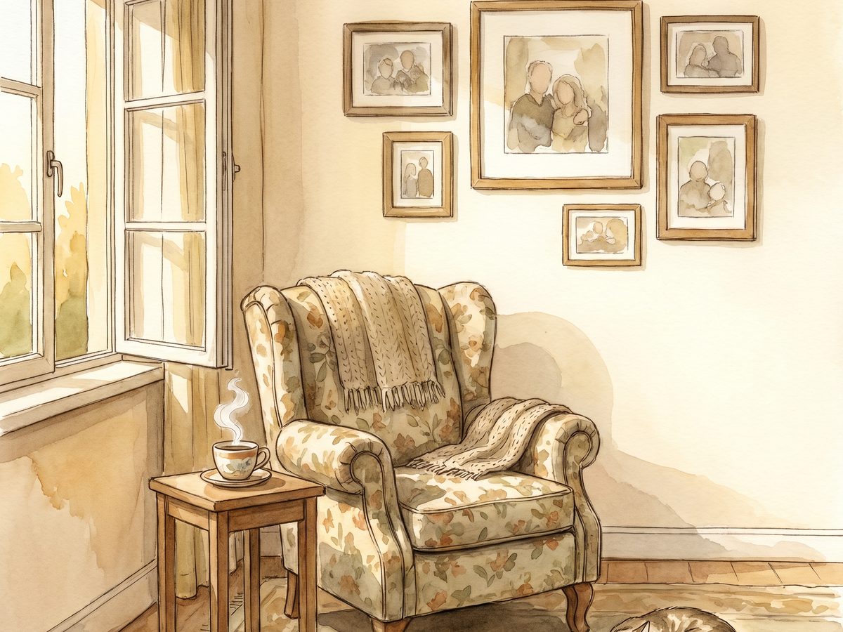 A worn armchair beside a side table with tea and framed family photographs on a sunlit wall.