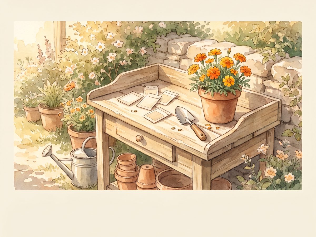 A wooden potting bench with gardening tools and a pot of marigolds in afternoon light, watercolor illustration.
