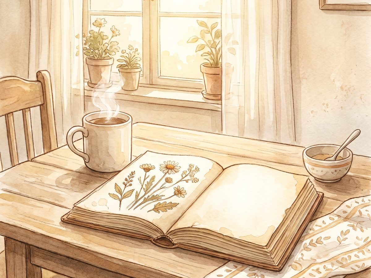 An open notebook with dried flowers beside a mug of tea on a kitchen table, watercolor illustration.